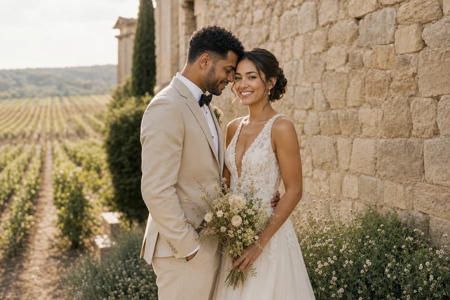 Illustrative AI-generated Rustic Vineyard wedding scene