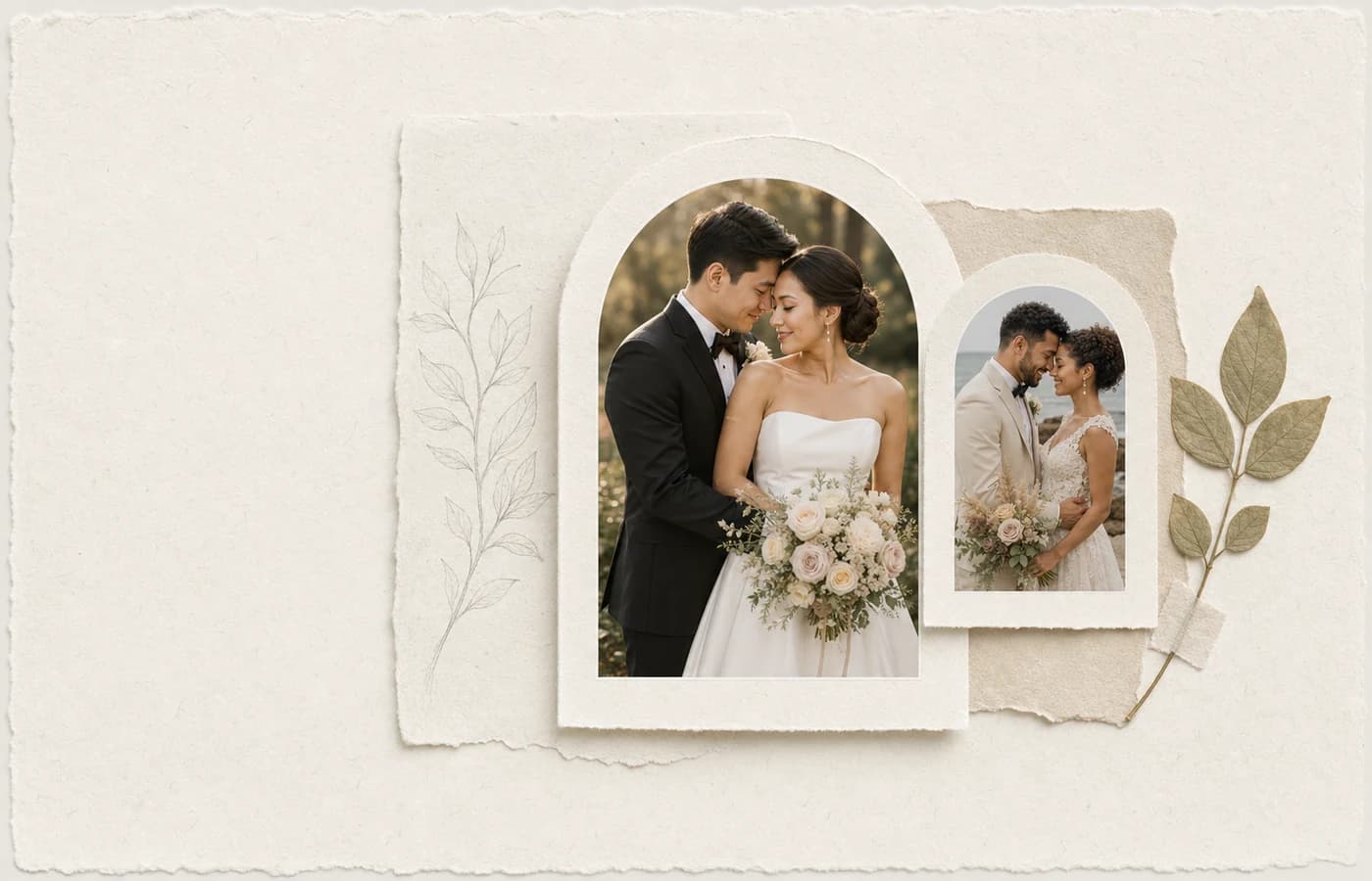 A fine-art wedding album collage featuring two couples and pressed botanical details
